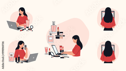 Beauty blogger character illustrated in different scenes using a laptop and applying makeup to represent a digital influencer or product reviewer.
