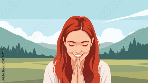 Peaceful woman with long red hair praying with eyes closed against a beautiful green mountain landscape under a bright blue sky.