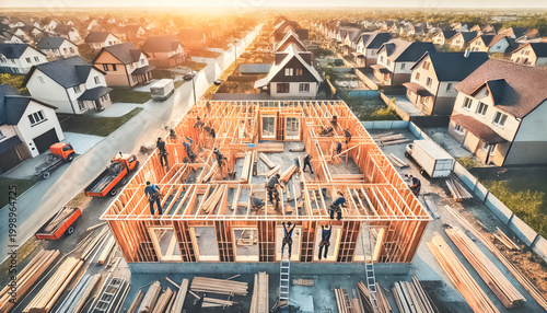 Team of Construction Workers Assembling a Wooden House Frame