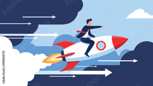 Ambitious businessman flying on a fast rocket ship through clouds with arrows indicating rapid growth and success in business ventures.
