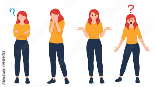 Young woman with red hair showing various negative emotions including confusion stress helplessness and anger through facial expressions.