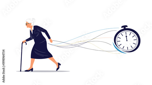 Determined senior woman with a walking cane running towards a large stopwatch representing the race against time and aging health challenges.