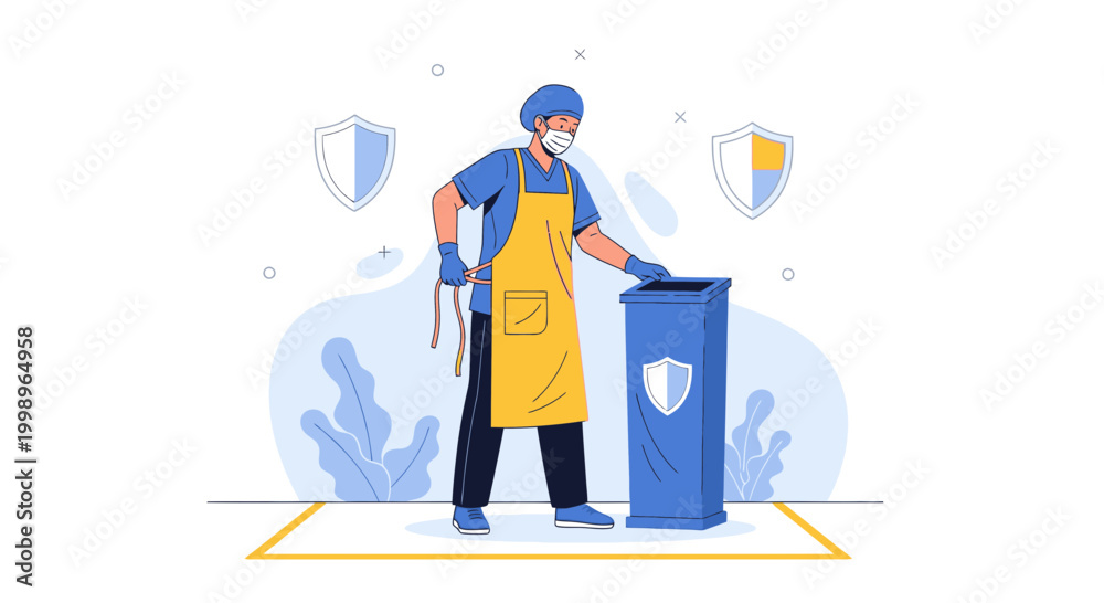 Fototapeta premium Man in protective gear sanitizing public bin, safety measures against virus spread