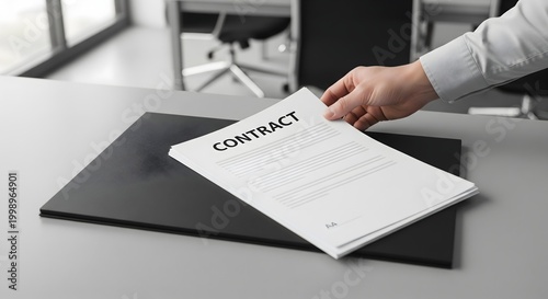 A professional's hand extends a formal contract document across a modern office desk, symbolizing agreement, negotiation, and important business transactions.