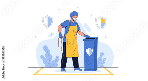 Man in protective gear sanitizing public bin, safety measures against virus spread
