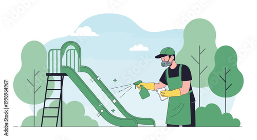 Man sanitizing a playground slide, park cleaning, hygiene and safety concept