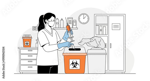 Medical worker disposing of syringe in biohazard bin, healthcare safety and waste management