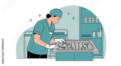 Nurse Arranging Surgical Instruments for Sterilization in Operating Room