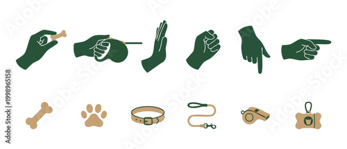 Dog Training Hand Gestures Icons Set for Pet Obedience and Communication, featuring leash commands, treats, pointing, and professional canine care accessories in a modern flat minimal vector graphic s