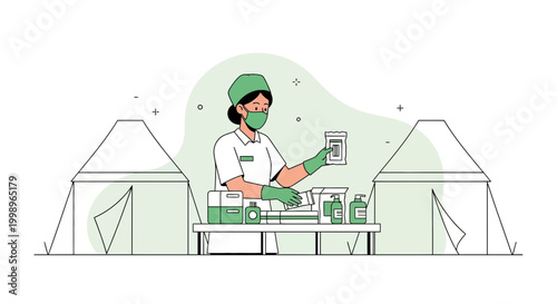 Nurse in protective gear preparing medical supplies at a mobile clinic tent