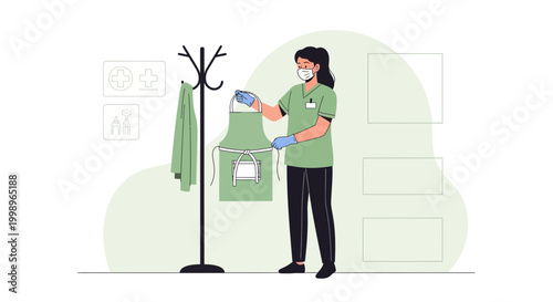 Nurse in uniform, mask, and gloves holding apron, ready for work in clinic