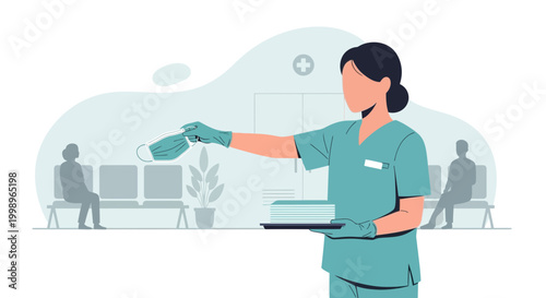 Nurse offering face mask in hospital waiting room, healthcare concept