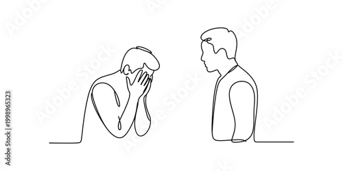 One line drawing of a man crying and another man looking at him, representing sadness and empathy Vector, illustration