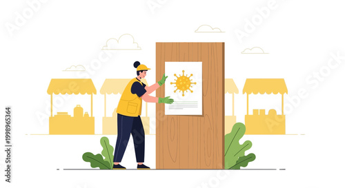 Person in mask and gloves posts COVID-19 warning sign on wooden board in outdoor market