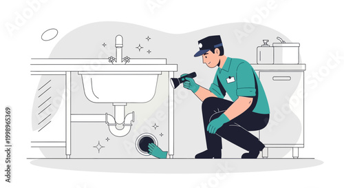 Plumber inspecting sink pipes with flashlight, home repair and maintenance concept