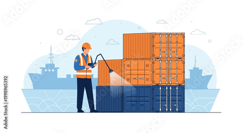 Port worker inspects cargo containers with flashlight on a dock with ships in background