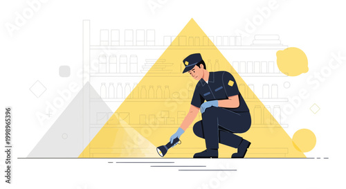 Police Officer Investigating Crime Scene with Flashlight on Floor