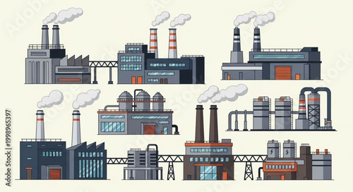 Collection of Industrial Factory Buildings with Smoke Stacks.