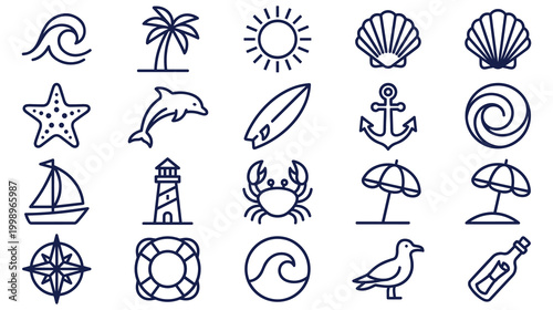 Collection of summer beach and sea related icons for design.