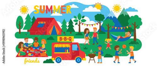 Vibrant summer festival scene with people enjoying outdoor activities.