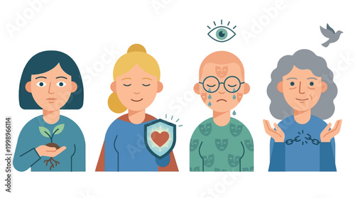 Diverse women symbolizing human experiences: growth, protection, vulnerability, and spiritual peace, reflecting different life stages and emotional states.