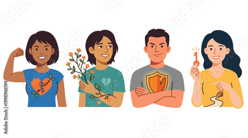 Four diverse individuals illustrating concepts of emotional strength, resilience, healing, protection, and finding solutions on a personal journey.