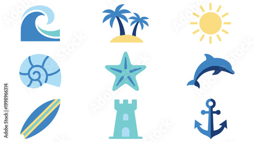 Flat design summer beach vacation icons with ocean and palm trees.