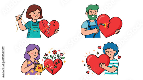 Illustrations depicting various methods of healing and nurturing a broken heart, symbolizing emotional recovery and self-care.