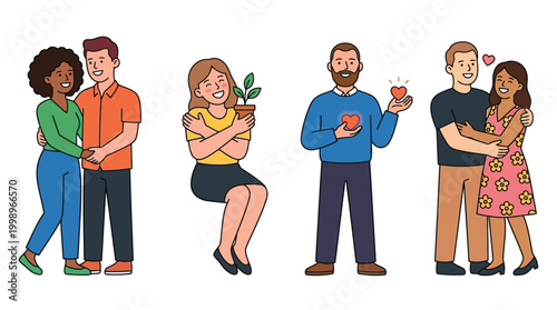 Diverse couples and individuals expressing love, affection, and self-care in various heartwarming illustrations.