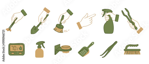 Terrarium tools set with hands, maintenance equipment and planting accessories for gardening and hobbyists. Flat vector icon collection for indoor gardening, reptile care and botanical plant care proj