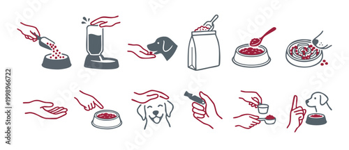 Dog Food Feeding Icon Set, Pet Care Icons for Nutrition and Training, Outline Symbols of Puppy Care Routine, Feeding Bowl, Measuring Scoop, Obedience Training and Daily Pet Routine Line Art Graphics