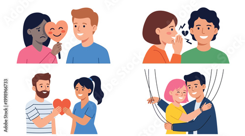 Illustrations depicting various relationship dynamics including emotional disguise, gossip, shared love, and manipulation.