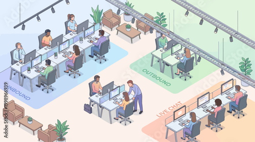 Isometric Call Center Office Interior with Customer Support Agents Working at Computers, Inbound Outbound and Live Chat Teams, Professional Corporate Workspace Concept Illustration