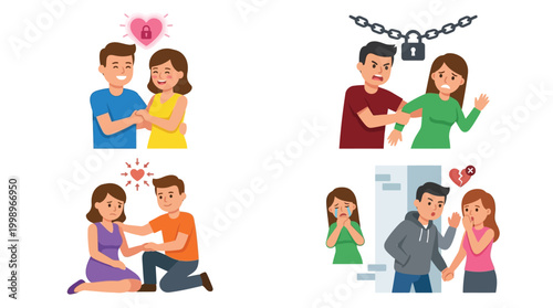 Illustrations depicting various emotional stages and dynamics in romantic relationships, from love and commitment to conflict, support, and heartbreak.