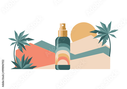 Retro Minimalist Vector Illustration of Sunscreen Spray Bottle in a Desert Landscape with Palm Trees and Sun