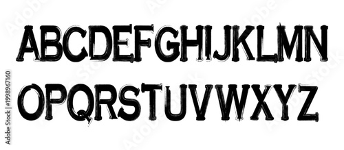 Vector monochrome brush uppercase letters, handwritten font, sans serif typeset on white background.