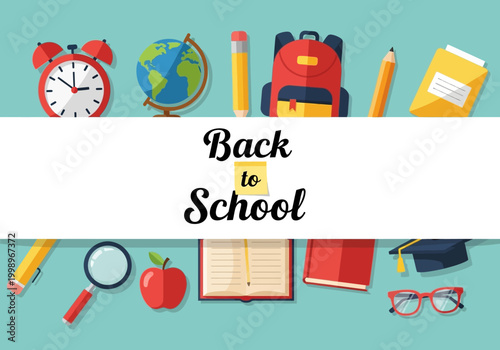 Back to School Vector Banner with Educational Supplies: Backpack, Globe, Notebook, Alarm Clock, and Magnifying Glass on Blue Background