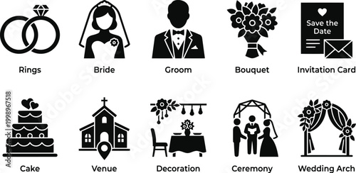 wedding icons set, black silhouette symbols