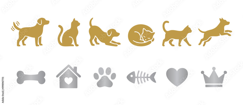 Fototapeta premium Dog and Cat Icons Set, Gold and Silver Pet Silhouettes with Animal Accessories for Veterinary, Pet Shop, Shelter and Grooming Branding, Isolated Graphic Vector Elements