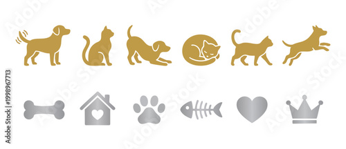 Dog and Cat Icons Set, Gold and Silver Pet Silhouettes with Animal Accessories for Veterinary, Pet Shop, Shelter and Grooming Branding, Isolated Graphic Vector Elements