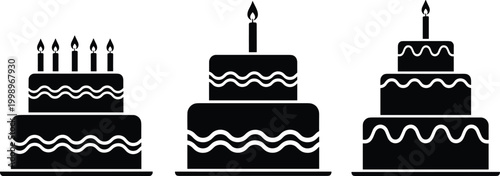 Birthday cake silhouette icons collection with candles and layered desserts in simple celebration vector set