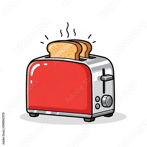 Red toaster with toast popping.