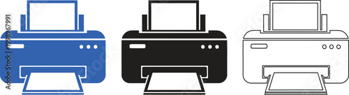 Three printer icons color black and white silhouette representation