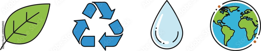 Obraz premium Eco friendly icons set with leaf, recycling symbol, water drop and earth