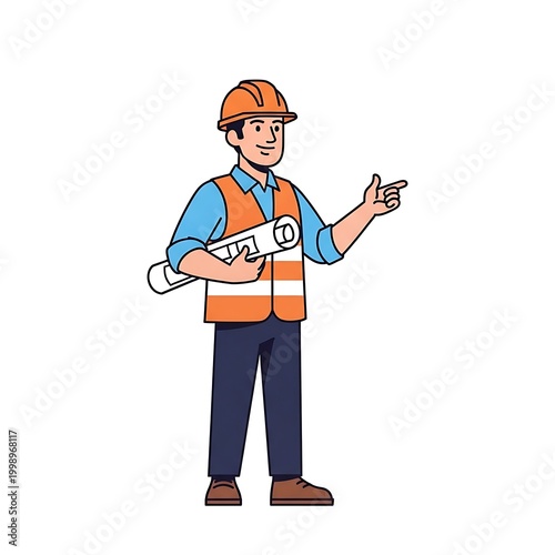 Construction worker with blueprints pointing.