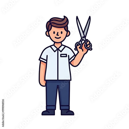 Cartoon barber holding scissors smiling.