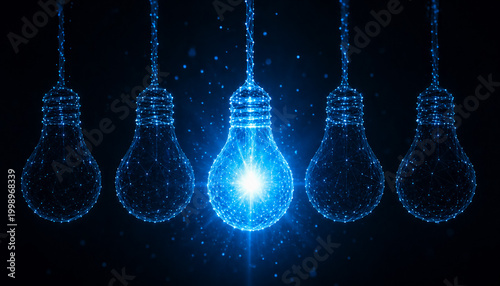 A single glowing blue light bulb shines brightly amidst a row of dark, unlit bulbs in a digital conceptual rendering.