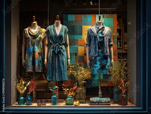 Mannequins in store window display fashion.