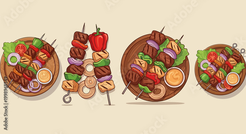 Grilled meat skewers and shish kebab vector set, barbecue beef and chicken brochettes on wooden plates, rustic bbq food illustration for restaurant menus