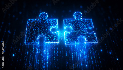 Two interconnected glowing blue digital puzzle pieces symbolize partnership, collaboration, and problem-solving in a technological context.
